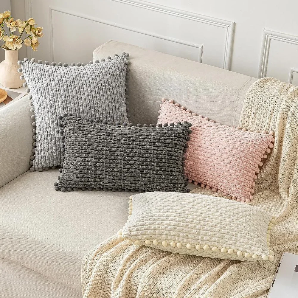 Pompom Grey Stripe Texture Corduroy Farmhouse Cute Luxury Soft Pillow Cover Set - Picture 2 of 7